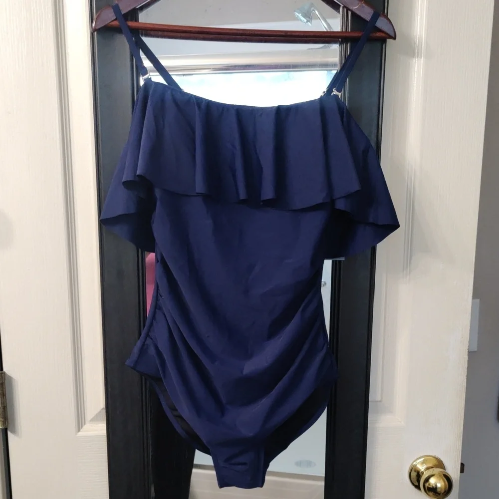 NWT Elegant Navy Blue Ruffle One-Piece Swimsuit